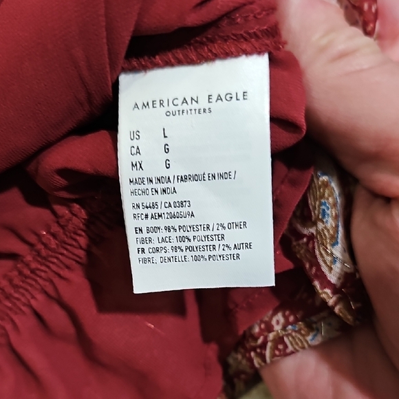 American Eagle Outfitters Sheer Red Floral Peplum Blouse Lace Trim Button Front - Picture 5 of 7